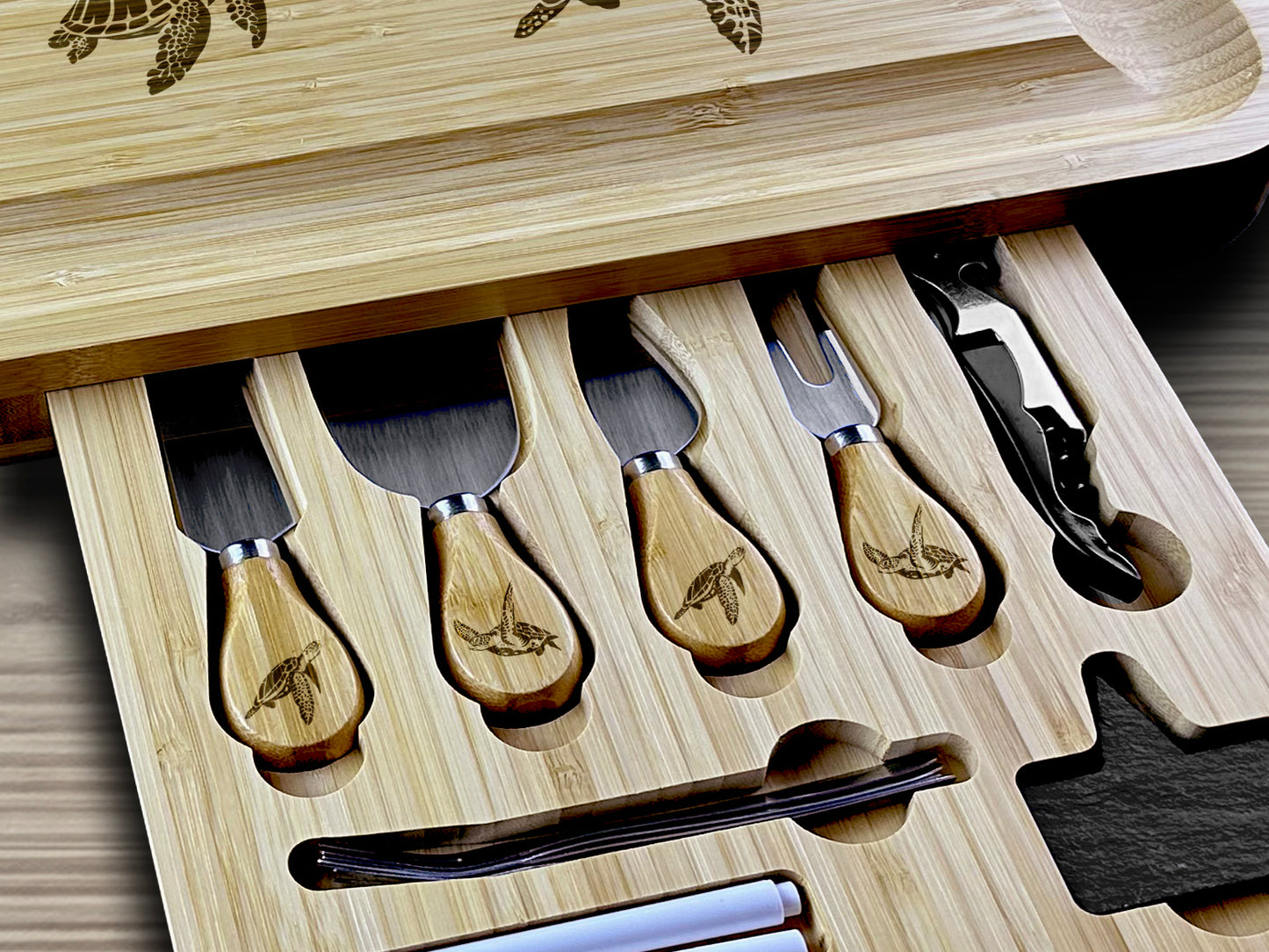 Custom Engraved Charcuterie Board and Tools with Side Drawers - 16"(31") x 13"