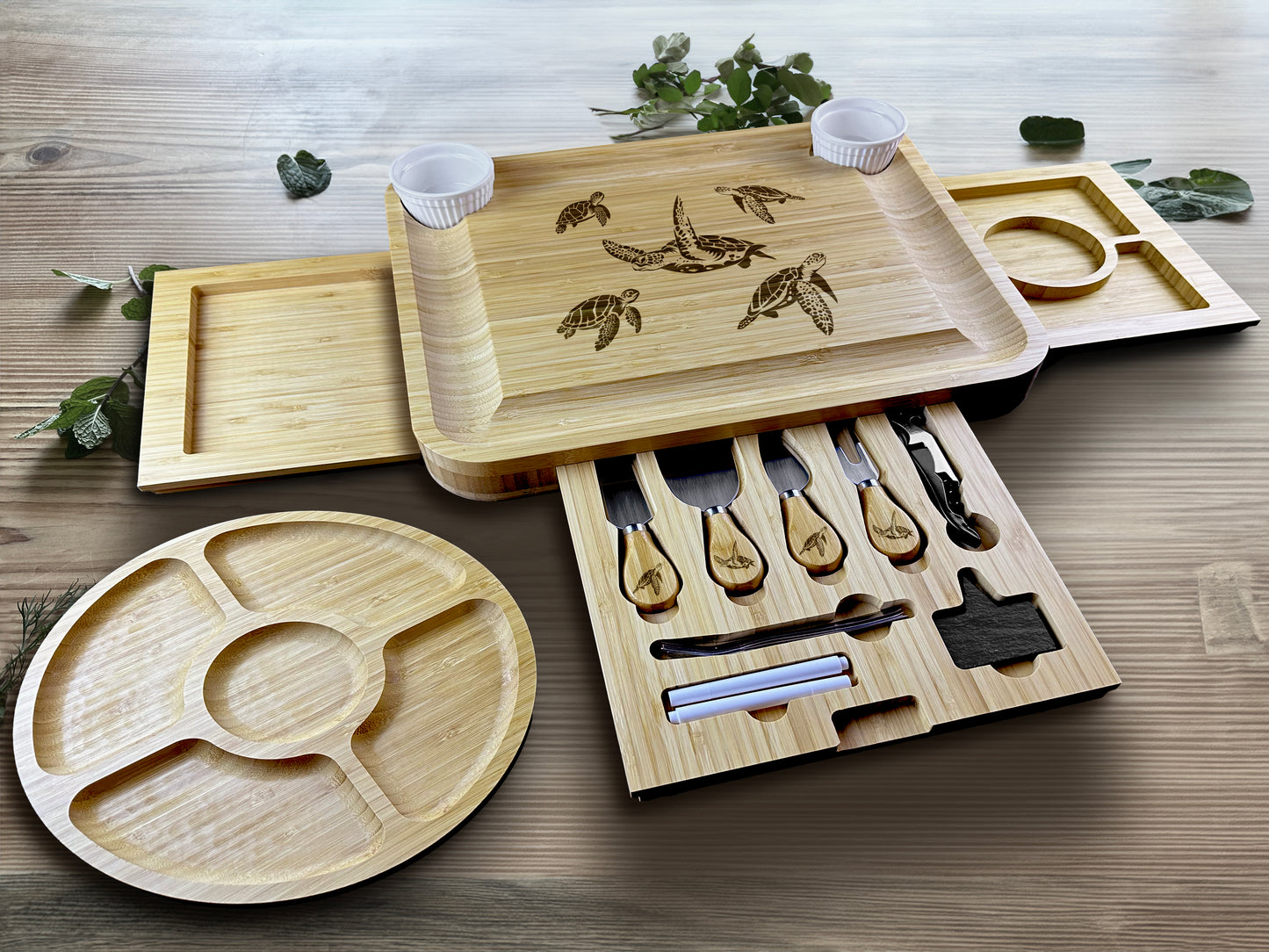 Custom Engraved Charcuterie Board and Tools with Side Drawers and Bamboo Serving Plate - 16"(31") x 13"